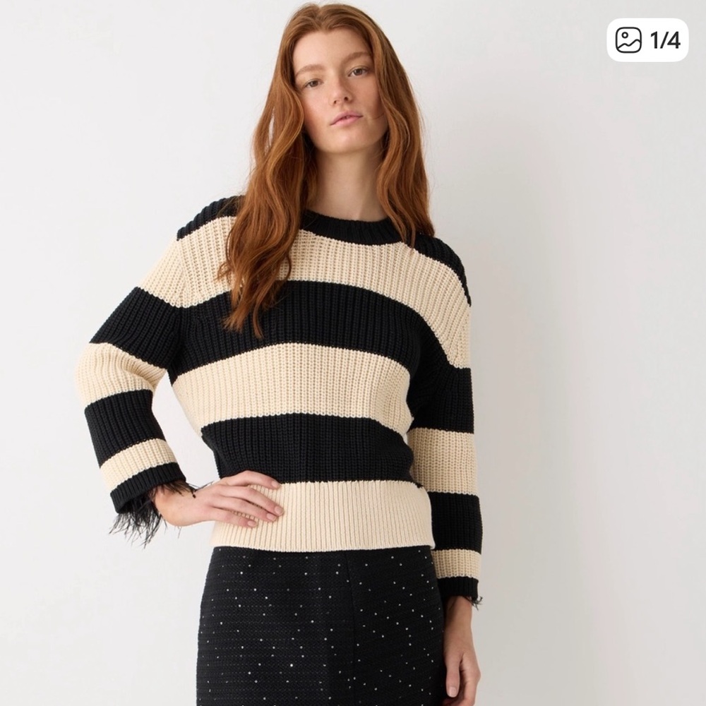 J. Crew Collection | black and cream cotton sweater with feather sleeve trim